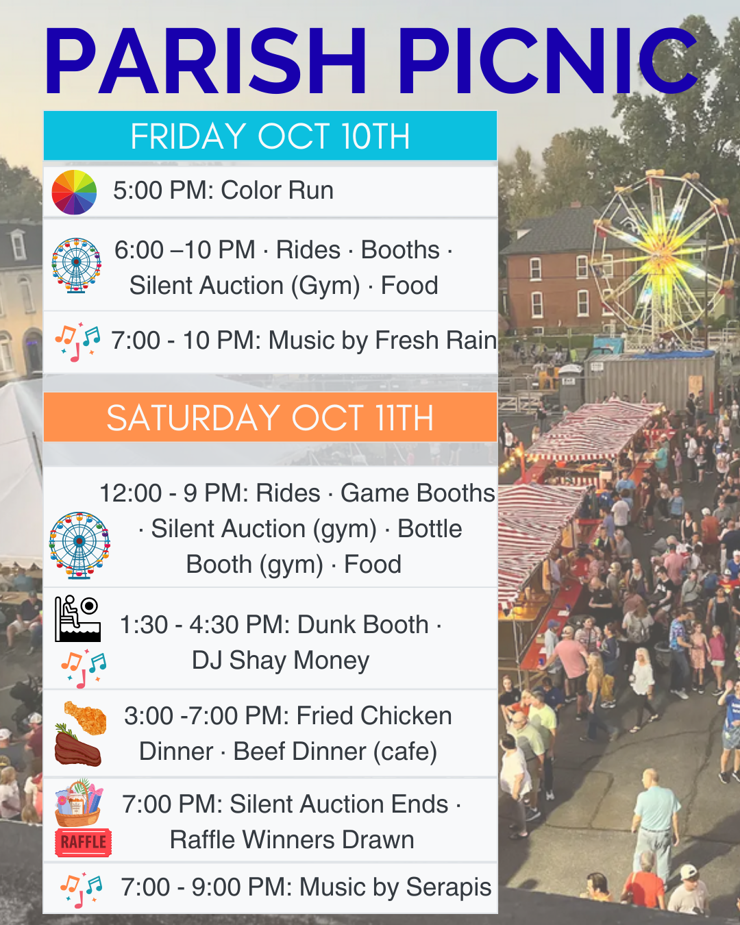 Parish Picnic Schedule with a photo of last year's picnic tents, ferris wheel, and lots of people.